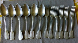ZINNSTAHL G.N Cuillères Soupe (6) + Fourchettes (6) Assorties Sans Estampille - Alliage Metal Etain - ANCRE -  XXe - Plata