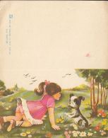 6513FM- GIRL, DOG, FLOWERS, MUSHROOMS, 2 PARTS FOLDED, EMBOISED - Champignons