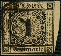 BADEN 1b O, 1851, 1 Kr. Schwarz Auf Braun, Rechtes Randstück, Mit Nummernstempel 11 (BIBERACH), Oben Knapp-lupenrandig,  - Sonstige & Ohne Zuordnung
