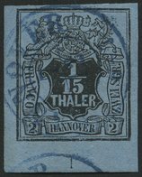 HANNOVER 4 O, 1851, 1/15 Th. Schwarz Auf Graublau, Untere Linke Bogenecke Mit Nr. 1, Blauer K2, Pracht, Gepr. Bühler - Hanover