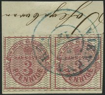 HANNOVER 8b Paar BrfStk, 1856, 3 Pf. Karmin, Grau Genetzt, Im Waagerechten Paar, Mit Blauem K2 VIENENBURG, Kabinettbrief - Hanovre