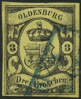 OLDENBURG 8 O, 1859, 3 Gr. Schwarz Auf Graugelb, Farbfrisch, Pracht, Gepr. Drahn, Mi. 750.- - Oldenburg