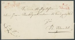 THURN Und TAXIS R.2 TRIER Und P.P. TREVES, Zwei Rote L2, Auf Dienstbriefhülle (1814) Mit Rückseitigem Stempel OBER-APELL - Préphilatélie