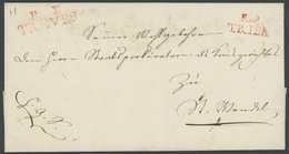 THURN Und TAXIS R.2 TRIER Und P.P. TREVES, Zwei Rote L2, Auf Dienstbriefhülle (1814) Mit Rückseitigem Stempel OBER-APELL - Vorphilatelie