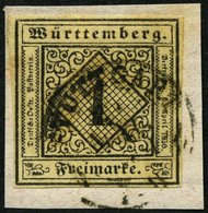 WÜRTTEMBERG 1c BrfStk, 1851, 1 Kr. Schwarz Auf Altelfenbein, Prachtbriefstück, Gepr. U.a. Thoma, Mi. (500.-) - Otros & Sin Clasificación