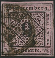 WÜRTTEMBERG 4c O, 1851, 9 Kr. Schwarz Auf Dunkelrosa, Bugspur Sonst Farbfrisch, Pracht, Gepr. Heinrich, Mi. 300.- - Other & Unclassified