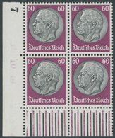 Dt. Reich 493 VB **, 1933, 60 Pf. Hindenburg, Wz. 2, Im Linken Unteren Eckrandviererblock, Postfrisch, Pracht, Mi. (1040 - Other & Unclassified