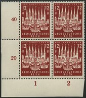 Dt. Reich 862 VB **, 1943, 12 Pf. 800 Jahre Lübeck Im Unteren Linken Eckrandviererblock, Unterrand Nicht Durchgezähnt, P - Autres & Non Classés