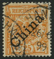DP CHINA 5IaPFII O, 1898, 25 Pf. Gelblichorange Diagonaler Aufdruck Mit Plattenfehler I In Reichspost Oben Gespalten, Pr - Deutsche Post In China