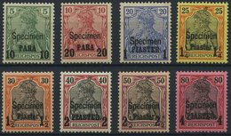 DP TÜRKEI 12-19ISP *, 1900, 10 PA. Auf 5 Pf. - 4 PIA. Auf 80 Pf., Aufdruck SPECIMEN, Falzrest, 8 Prachtwerte, Mi. 1440.- - Turquia (oficinas)