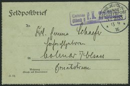 MSP VON 1914 - 1918 203 (Minenschiff PELIKAN), 13.9.1916, Feldpost-Kartenbrief Von Bord Der Pelikan Nach Colmar Mit Viol - Maritime