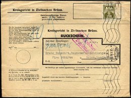 BÖHMEN UND MÄHREN D 10 BRIEF, Dienstmarken: 1944, 3 K. Braunoliv Auf Rückschein Vom Kreisgericht Für Zivilsachen Brünn,  - Autres & Non Classés