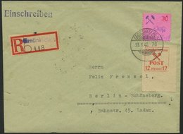 GROSSRÄSCHEN 30F BRIEF, 1946, 30 Pf. Auf Rosa Mit Abart Handstempel Post Blau Und 12 Pf. Zusatzfrankatur Auf Einschreibb - Correos Privados & Locales
