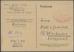 ALL. BES. GEBÜHR BEZAHLT KREFELD Gebühr Bezahlt, 6.3.46, Roter Ovalstempel Auf Ganzsachenkarte - Autres & Non Classés