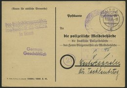 ALL. BES. GEBÜHR BEZAHLT UNNA, 12.12.45, Violetter L2 Gebühr Bezahlt, Polizeiliche Meldekarte, Pracht - Otros & Sin Clasificación