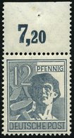 ALLIIERTE BES. 947POR **, 1947, 12 Pf. Dunkelgrautürkis, Plattendruck, Oberrandstück, Durchgezähnt, Pracht, Mi. 150.- - Otros & Sin Clasificación