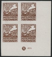 MECKLENBURG-VORPOMMERN 35xaDZ **, 1946, 10 Pf. Lebhaftsiena, Kreidepapier, Im Eckrandviererblock Mit Druckereizeichen, P - Altri & Non Classificati