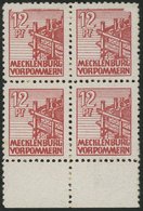 MECKLENBURG-VORPOMMERN 36xc VB **, 1946, 12 Pf. Lebhaftbraunrot, Kreidepapier, Im Viererblock Vom Unterrand, Dabei Platt - Autres & Non Classés