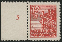 MECKLENBURG-VORPOMMERN 36xcc **, 1946, 12 Pf. Schwärzlichgraurot, Kreidepapier, Linkes Randstück, Pracht, Gepr. Kramp, M - Other & Unclassified