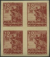 MECKLENBURG-VORPOMMERN 36ydU VB **, 1946, 12 Pf. Braunrot, Graues Papier, Ungezähnt, Im Viererblock, Pracht, R!, Fotoatt - Other & Unclassified