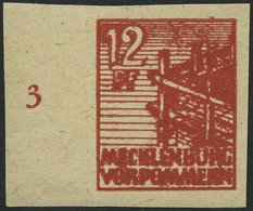 MECKLENBURG-VORPOMMERN 36ydU **, 1946, 12 Pf. Braunrot, Graues Papier, Ungezähnt, Linkes Randstück, Pracht, Fotobefund K - Other & Unclassified