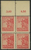 MECKLENBURG-VORPOMMERN 36zb VB **, 1946, 12 Pf. Rot, Dünnes Papier, Im Viererblock Vom Oberrand, Pracht, Gepr. Kramp, Mi - Otros & Sin Clasificación