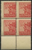 MECKLENBURG-VORPOMMERN 36zz VB **, 1946, 12 Pf. Rot, Dünnes Papier, Diagonal Genetzte Gummierung, Im Viererblock Vom Unt - Other & Unclassified
