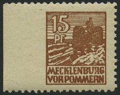 MECKLENBURG-VORPOMMERN 37yaUl **, 1946, 15 Pf. Gelbbraun, Graues Papier, Links Ungezähnt, Pracht, Mi. 160.- - Other & Unclassified