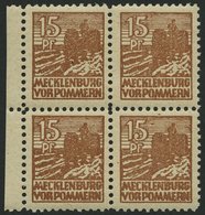 MECKLENBURG-VORPOMMERN 37zaDZ VB **, 1946, 15 Pf. Gelbbraun, Dünnes Papier, Im Viererblock Mit Druckereizeichen, Pracht, - Other & Unclassified