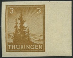 THÜRINGEN 92V3 **, 1946, Versuchsdruck: 3 Pf. Dunkelbraunocker, Rechtes Randstück, Pracht, Mi. (250.-) - Other & Unclassified