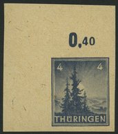 THÜRINGEN 93V1 **, 1946, Versuchsdruck: 4 Pf. Schwarzblaugrau, Vollgunmmierung, Ungezähnt, Obere Linke Bogenecke, Pracht - Altri & Non Classificati