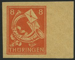 THÜRINGEN 96AYyU **, 1945, 8 Pf. Rotorange, Spargummierung, Gelblichgraues Papier, Ungezähnt, Rechtes Randstück, Pracht, - Sonstige & Ohne Zuordnung