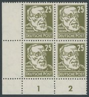 DDR 334z VB **, 1952, 25 Pf. Virchow, Gewöhnliches Papier, Im Linken Unteren Eckrandviererblock, Postfrisch, Pracht, Mi. - Usados