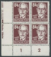 DDR 341vaXII VB **, 1953, 84 Pf. Bräunlichkarmin Bebel, Wz. 2XII, Linker Unterer Eckrandviererblock Mit Druckkontrollver - Used Stamps