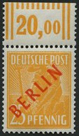 BERLIN 27WOR **, 1949, 25 Pf. Rotaufdruck, Walzendruck, Oberrandstück, Pracht, Gepr. D. Schlegel, Mi. 500.- - Autres & Non Classés