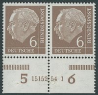 BUNDESREPUBLIK 180xHAN **, 1954, 6 Pf. Heuss, Unterrandpaar Mit HAN 15152.54 1, (Klammerspur), Marken Postfrisch, Pracht - Usados