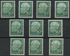 ENGROS 265xv **, 1957, 90 Pf. Heuss II, Geriffelter Gummi, 10x, Fast Nur Pracht, Mi. 380.- - Plaatfouten En Curiosa