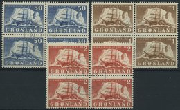 GRÖNLAND - DÄNISCHE POST 34-36 VB O, 1950, 50 ø - 2 Kr. Schiffe, Je Im Zentrisch Gestempelten Viererblock, Pracht, Mi. ( - Autres & Non Classés