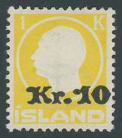 ISLAND 111 *, 1924, 10 Kr. Auf 1 Kr. Gelb, Falzrest, Pracht - Sonstige & Ohne Zuordnung