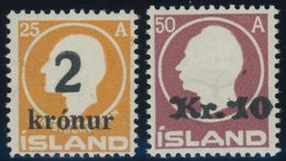 ISLAND 119/20 *, 1925/6, 2 Kr. Auf 25 A. Orange Und 10 Kr. Auf 50 A. Lilarot, Falzrest, Pracht - Other & Unclassified
