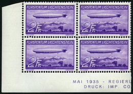 LIECHTENSTEIN 150 VB **, 1936, 2 Fr. Graf Zeppelin Im Unteren Linken Eckrandviererblock, Pracht, Mi. (380.-) - Sonstige & Ohne Zuordnung