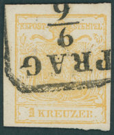 ÖSTERREICH BIS 1867 1Yb O, 1854, 1 Kr. Ockergelb, Maschinenpapier, Type Ib, R4 PRAG, Pracht, Fotobefund Dr. Ferchenbauer - Sonstige & Ohne Zuordnung