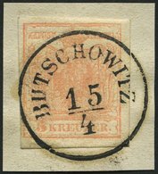 ÖSTERREICH 3Y BrfStk, 1854, 3 Kr. Blassrot, Maschinenpapier, Zentrischer K1 BUTSCHOWITZ, Kabinettbriefstück - Otros & Sin Clasificación