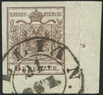 ÖSTERREICH 4Y O, 1854, 6 Kr. Braun, Maschinenpapier, Eckrandstück 11:6 Mm Und Nadelpunkt, K2 (SI)LLIAN, Oben Rechts Falz - Other & Unclassified