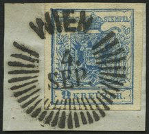 ÖSTERREICH 5Y BrfStk, 1854, 9 Kr. Blau, Maschinenpapier, Type IIIb, WZ-Teil, Sternstempel WIEN, Kabinettbriefstück - Other & Unclassified