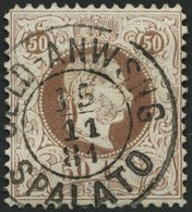 ÖSTERREICH 41II O, 1874, 50 Kr. Braun, Feiner Druck, Gezähnt L 12 , K2 GELD-ANWEISUNG SPALATO, Punkthelle Stelle Sonst P - Usados