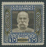 ÖSTERREICH 1867-1918 156 *, 1908, 10 Kr. Regierungsjubiläum, Falzrest, Pracht, Mi. 280.- - Oblitérés