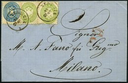 LOMBARDEI UND VENETIEN 20,22 BRIEF, 1864, 3 So. Grün, 2x Und 10 So. Blau Auf Brief Von VENEZIA Nach Mailand, Pracht - Lombardije-Venetië