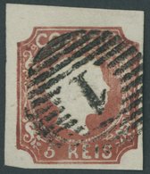 PORTUGAL 5 O, 1855, 5 R. Rotbraun, Glattes Haar, Nummernstempel 1, Farbfrisches Prachtstück, Signiert Thier, Mi. 1200.- - Other & Unclassified