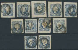 PORTUGAL 6 O, 1855, 25 R. Blau, Glattes Haar, 11 Werte Mit Verschiedenen Nummerstempeln, Pracht - Autres & Non Classés